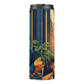 Frau beobachtet den Sonnenaufgang mit ihrer Katze Thermosbecher (Rückseite)