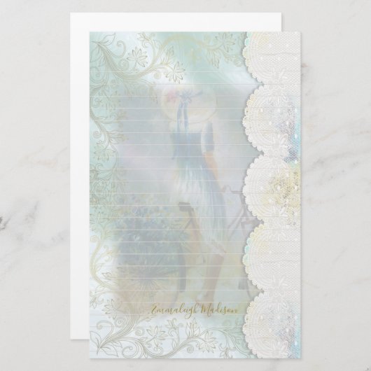 Frau Blue Dress Riding Bike Imitate Spitzen Lined Briefpapier (Vorne/Hinten)