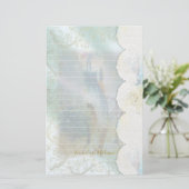 Frau Blue Dress Riding Bike Imitate Spitzen Lined Briefpapier (Stehend Vorderseite)