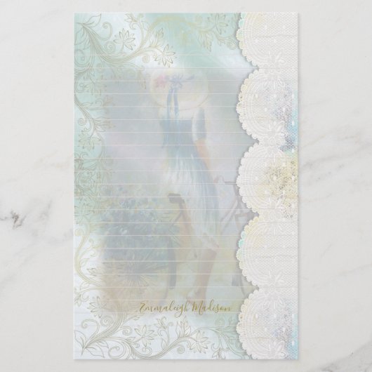 Frau Blue Dress Riding Bike Imitate Spitzen Lined Briefpapier (Vorderseite)