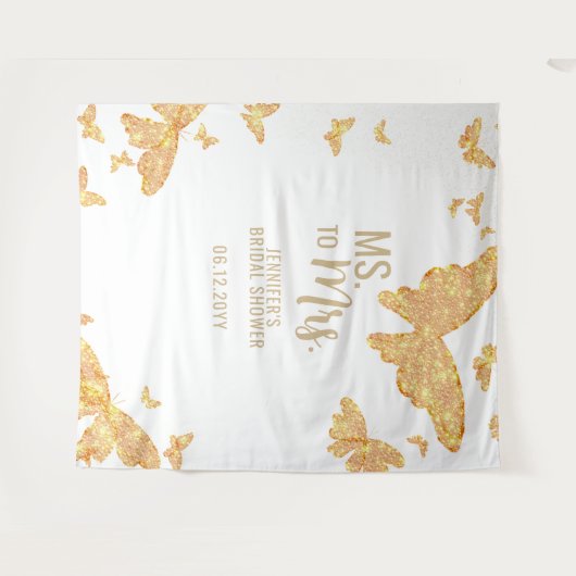 Frau Boho Gold Butterfly White Bridal Hintergrund Wandteppich (Vorderseite (Horizontal))