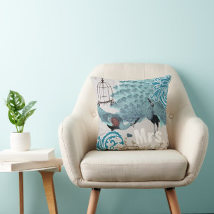 Frau Braut Teal Damast Vintage Pfau Vogelkäfig Kissen