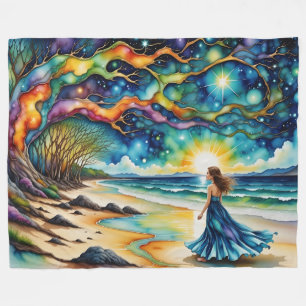Frau, Bunter Baum des Lebens am Ozeanstrand Fleecedecke