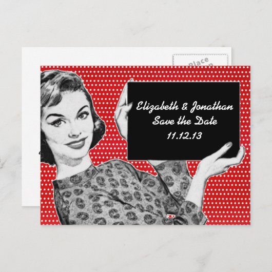 Frau der 50er Jahre mit einem Zeichen Save the Dat Ankündigungspostkarte (Vorne/Hinten)
