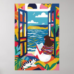 Frau, die am Meer liest, Kunstprint Bunte Katze Wa Poster