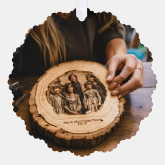 Frau, die auf eine Gravur ihrer Kinder herabblickt Ornament Karte