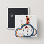 Frau, die auf einer Uhr sitzt und eine Teeschale Button (Vorne & Hinten)