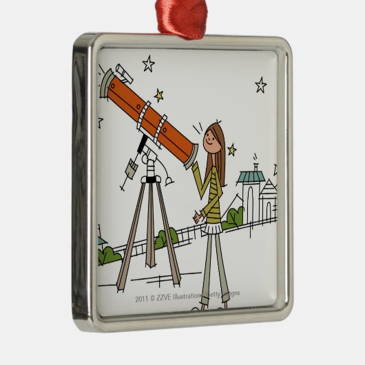 Frau, die ein Astronomieteleskop verwendet Silbernes Ornament (Rechts)