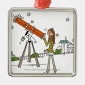 Frau, die ein Astronomieteleskop verwendet Silbernes Ornament (Vorne)