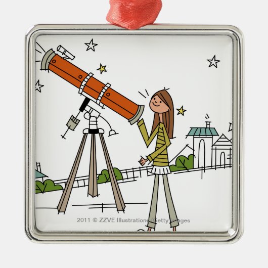 Frau, die ein Astronomieteleskop verwendet Silbernes Ornament (Vorne)