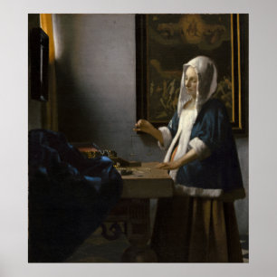 Frau, die eine Balance durch Johannes Vermeer hält Poster