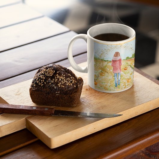 Frau, die einen Pumpkin-Patch entdecken möchte Kaffeetasse