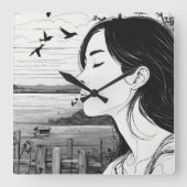 Frau, die einen Vogel mit geschlossenen Augen sieh Quadratische Wanduhr (Vorderseite)