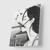 Frau, die einen Vogel mit geschlossenen Augen sieh Quadratische Wanduhr (Winkel)