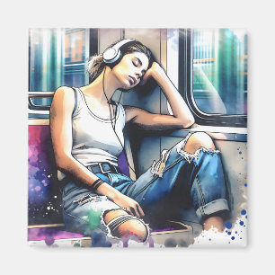 Frau, die in der U-Bahn Musik hört und schläft Magnet