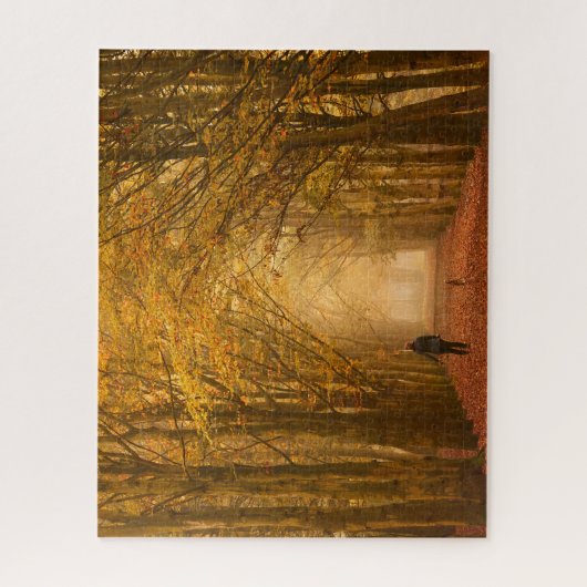 Frau, die mit ihrem Hund auf Fallmorgen geht Puzzle (Vertikal)