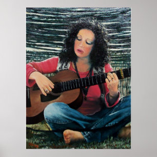 Frau, die Musik mit Akustikgitarre spielt Poster
