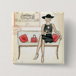 Frau, die Rotwein trinkt Button