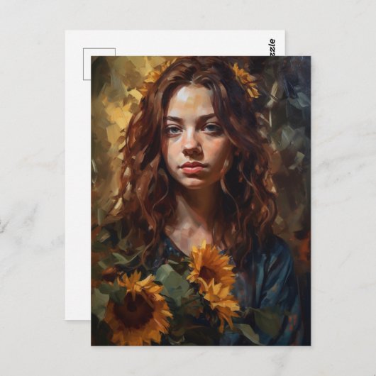 Frau, die Sonnenblumen hält Postkarte (Vorne/Hinten)