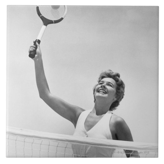 Frau, die Tennis 2 spielt Fliese (Vorderseite)