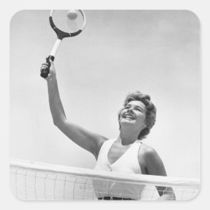 Frau, die Tennis 2 spielt Quadratischer Aufkleber