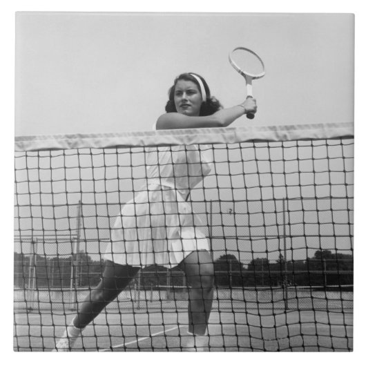 Frau, die Tennis spielt Fliese (Vorderseite)