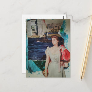 Frau entlang des Flusses Mixed Media Collage Postkarte
