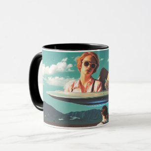 Frau entspannt sich auf einem UFO in der Wüste Tasse
