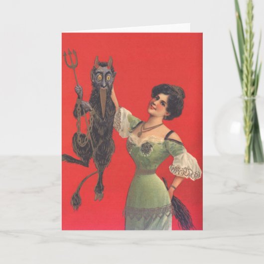 Frau fängt Krampus Feiertagskarte (Vorderseite)