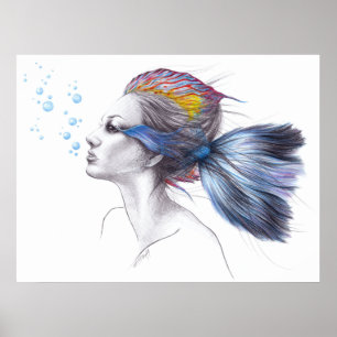 Frau Fisch Meerjungfrau Porträt Surreal Zeichnung Poster