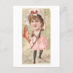 Frau fischt nach Goldfischen Vintage Seltenheit Postkarte