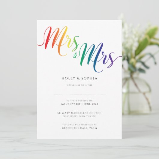 Frau & Frau Lesbian Wedding Einladung Rainbow (Stehend Vorderseite)