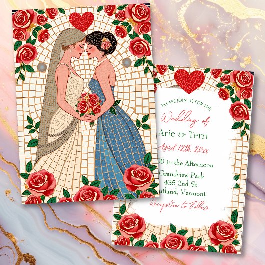 Frau & Frau Lesbian Wedding Mosaic Tile und Rose Einladung