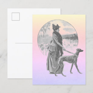 Frau führt einen Windhund im Vintage-Stil aus Postkarte