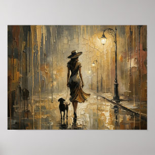 Frau führt Hund im Regen malend Poster