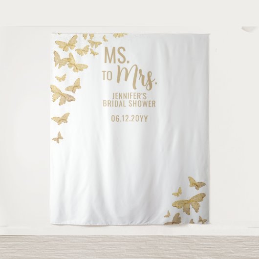 Frau Gold Butterflies Chic White Bridal Hintergrun Wandteppich (Vorderseite)