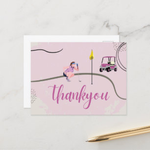 Frau Golfer und Golf Cart Danke Pink Thema Postkarte