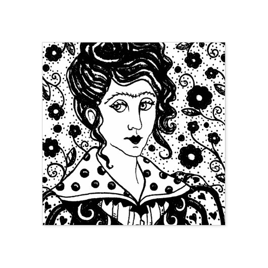 FRAU, GOTHISCHES PORTRAIT, FOLK ART, BLUME & VINES GUMMISTEMPEL (Prägung)