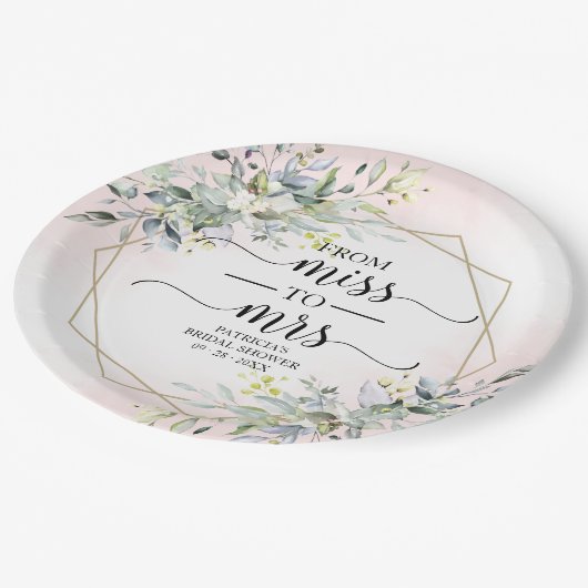 Frau Greenery Geometric Brautparty Pappteller (Schrägansicht)