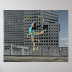 Frau Gymnast draußen auf der Dachspitze, die in Poster