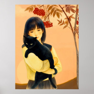 Frau hält eine schwarze Katze im Herbst Poster