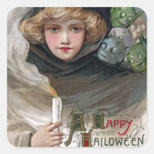 Frau hält Kerze und Kobolde Vintage Halloween Quadratischer Aufkleber
