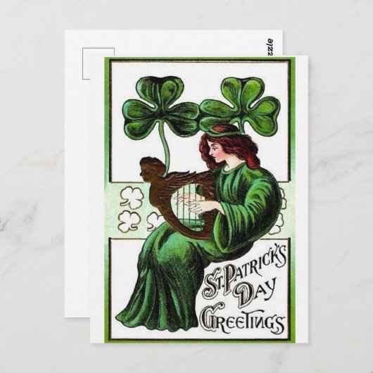 Frau Harp of Erin Kleeblatt, St Patrick's Day Postkarte (Vorne/Hinten)
