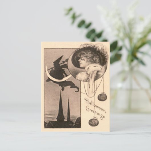 Frau Hexan Crescent Moon Jack O' Lantern Postkarte (Stehend Vorderseite)