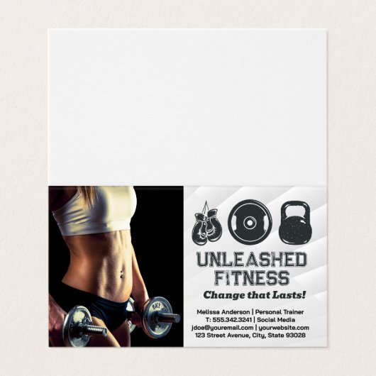 Frau Holding Dumbells | Gym Equipment Icons Visitenkarten (Außenseite Aufgefaltet)