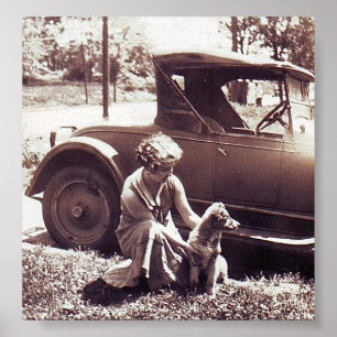 Frau Hund und Auto wartend Vintage-Foto-Druck Poster