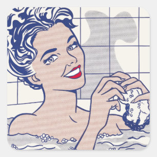 Frau im Bad - Lichtenstein - Vintage Pop Art Quadratischer Aufkleber