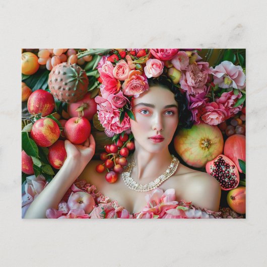 Frau im Blumenkleid mit Früchteauslage Postkarte (Vorderseite)