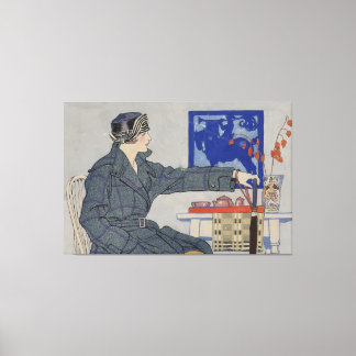 Frau im Café mit Vintagem Umbrella-Gemälde Leinwanddruck