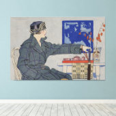 Frau im Café mit Vintagem Umbrella-Gemälde Leinwanddruck (Insitu (Holzboden))